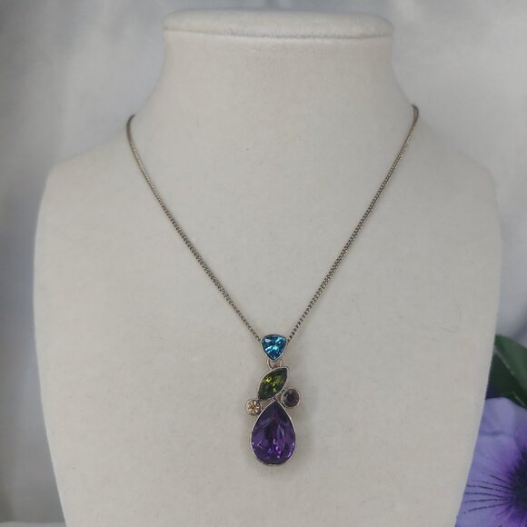 AVON Necklace Purple Pendant Gold Tone Rhinestones Colorful 18'' Vintage - Picture 9 of 10